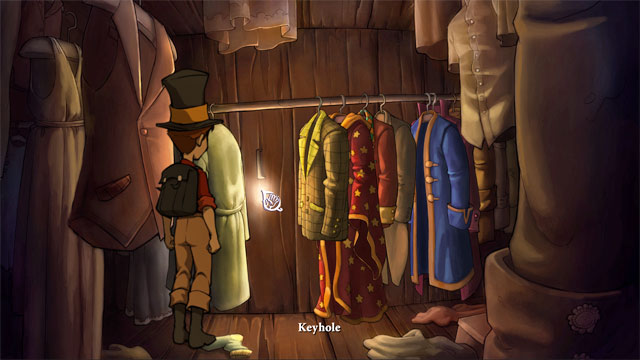 Click on every coat to push it to the right: red coat, royal blue coat with gold trimming, stylish second-hand tuxedo etc - Lizards, bottles and fifth portal - Walkthrough - The Night of the Rabbit - Game Guide and Walkthrough