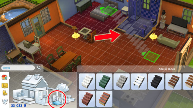 Go back to the lower floor, look for the stairs icon in the build panel, then choose a pattern and place the stairs inside the house - Expanding a house - The house - The Sims 4 - Game Guide and Walkthrough