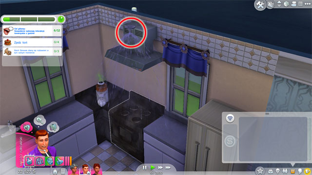 A moment after the alarm goes off, a water sprinkler appears above the site of the fire, which extinguishes the fire - Other events - The Sim Environment - The Sims 4 - Game Guide and Walkthrough