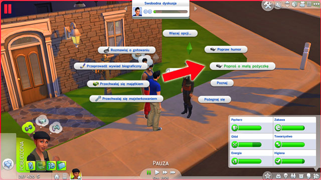 If you have Charisma at least on level 7 you can ask a friendly Sim to loan you a small amount of money (500 Simoleons) and from level 9 you can ask for a big loan instead (2000 Simoleons) - Charisma - Skills - The Sims 4 - Game Guide and Walkthrough