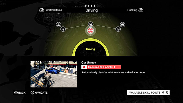 To driving cars, an entire branch of the ability tree has been devoted and it has been shown in the above screenshot - Using the available means of transport - Watch Dogs - Game Guide and Walkthrough