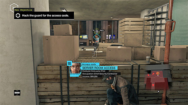 The person with the access code, who you are after, is on the upper level of the building and he has been shown in the above screenshot (locate him by scanning the guards with the Profiler app) - Mission 3 (Backstage Pass) - Main missions - Act I - Watch Dogs - Game Guide and Walkthrough