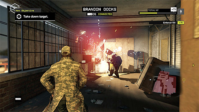 The explosion of the objects in the environment will kill the enemy enforcer - Mission 2 (Breakable Things) - Main missions - Act II - Watch Dogs - Game Guide and Walkthrough