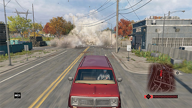 Use the elements of the environment to destroy or immobilize the cars of the gangsters - Mission 14 (Planting a Bug) - Main missions - Act II - Watch Dogs - Game Guide and Walkthrough