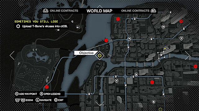 Your next task is to upload the virus to the ctOS system, and you need to do that in three different spots, spread all around the city - Mission 1 (Sometimes You Still Lose) - Main missions - Act V - Watch Dogs - Game Guide and Walkthrough