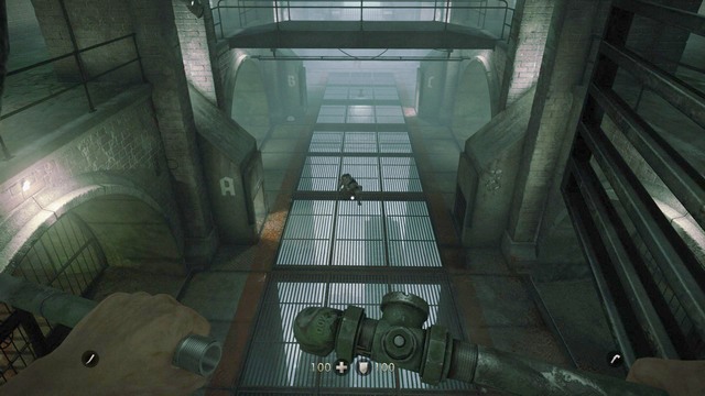 In the next room jump down when the dog seen in the picture turns his back at you, and use the A wall to hide - Chapter 1 - Prison - Walkthrough - Wolfenstein: The Old Blood - Game Guide and Walkthrough