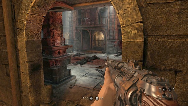 After using the lever approach the place shown in the picture or the one on the opposite side - Chapter 3 -Wolfenstein Keep - Walkthrough - Wolfenstein: The Old Blood - Game Guide and Walkthrough
