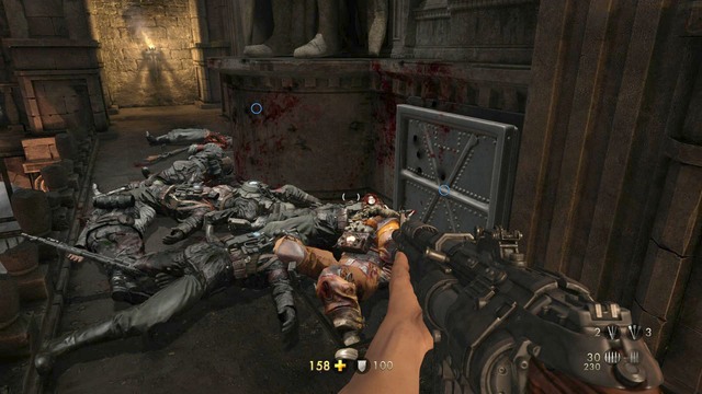 Fight your way through the waves of enemies until you get to one of the gates you managed to open - Chapter 3 -Wolfenstein Keep - Walkthrough - Wolfenstein: The Old Blood - Game Guide and Walkthrough