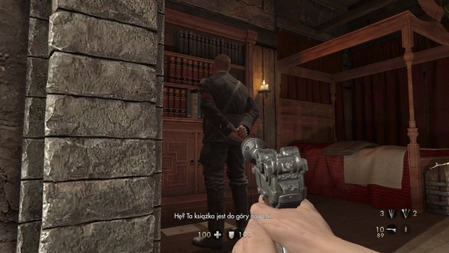 Before you leave the room, approach the shelf and open a secret passage - Chapter 3 -Wolfenstein Keep - Walkthrough - Wolfenstein: The Old Blood - Game Guide and Walkthrough