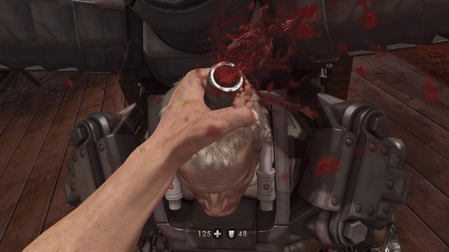 Repeat these steps several times, and when you have finally destroyed his body armor, take out your shotgun and shoot at the weak spot - Chapter 4 - Escape! - Walkthrough - Wolfenstein: The Old Blood - Game Guide and Walkthrough