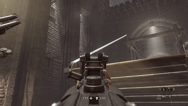 When you get to the second bridge, go out of the mech and shoot down the ropes holding the drawbridge - Chapter 7 - Old Town - Walkthrough - Wolfenstein: The Old Blood - Game Guide and Walkthrough