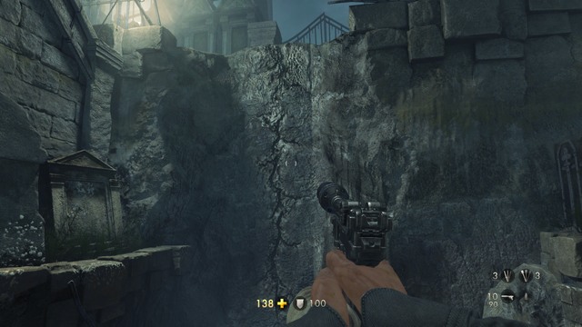 Pick up the piece of gold in the crypt, and head over to the other side, where you will find a climbable wall - Chapter 8 - Dig Site - Walkthrough - Wolfenstein: The Old Blood - Game Guide and Walkthrough