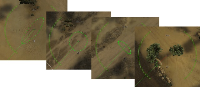 Artillery sight shape depending on the distance: short, medium, maximum range. The last photo shows the effect of terrain obstacles on the accuracy of fire. - Self-Propelled Guns - Types of tanks - World of Tanks - Game Guide and Walkthrough