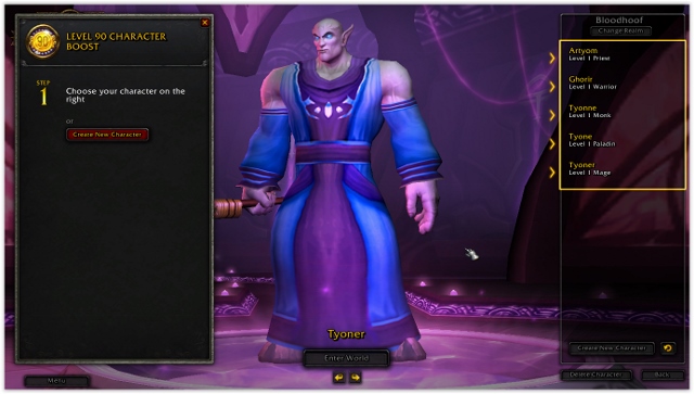 Now you must select from the list on the right side of the screen a character that you want to boost - 5. Character boost to level 90 - World of Warcraft: Warlords of Draenor - Game Guide and Walkthrough
