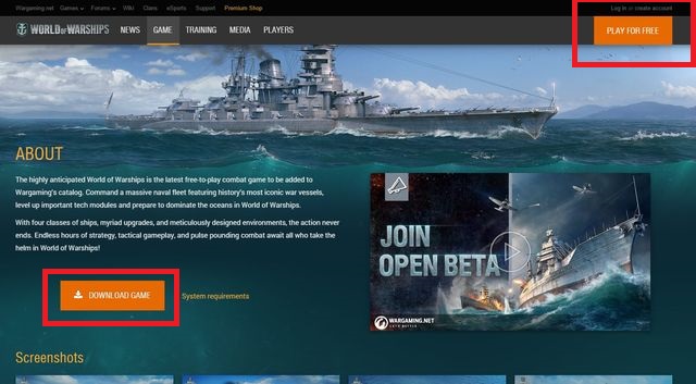 Once the page finishes loading, click the Play for free icon in the upper right corner of the screen - Registering, logging in, managing account - World of Warships - Game Guide and Walkthrough