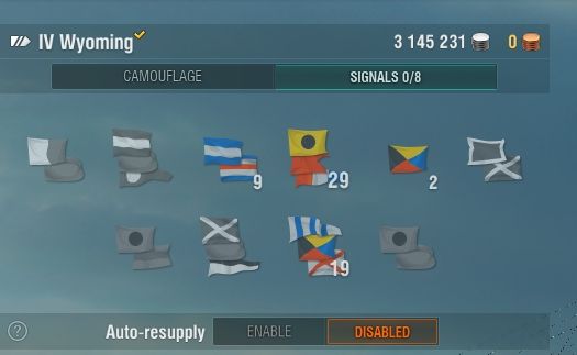 If you have large amounts of flags, you should activate the auto-resupply option. - Signal flags - Game mechanics - World of Warships - Game Guide and Walkthrough