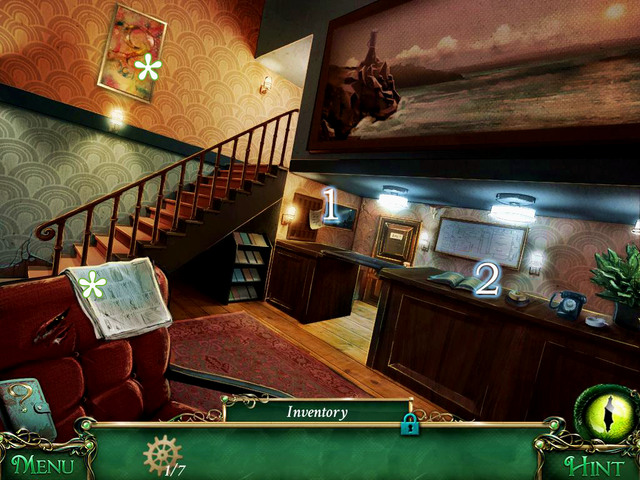 On the newspaper on left, you find first of question marks and on the armchair a newspaper which you can read - Hotel - Main storyline - 9 Clues: The Secret of Serpent Creek - Game Guide and Walkthrough