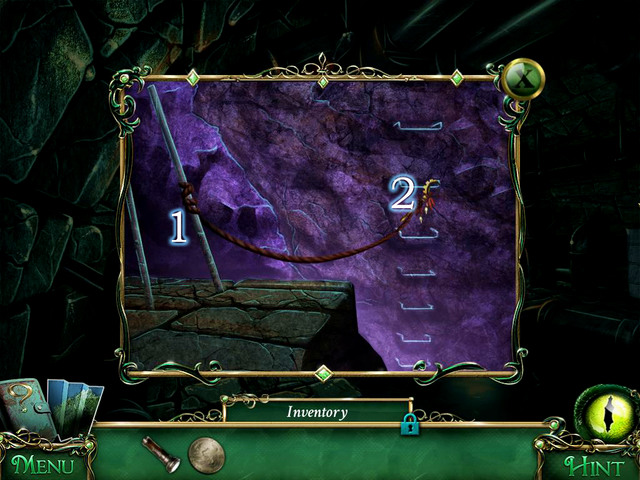 Tie Rope in the shown place [1], and then mount a Ritual Sickle on it - Sewers - Main storyline - 9 Clues: The Secret of Serpent Creek - Game Guide and Walkthrough