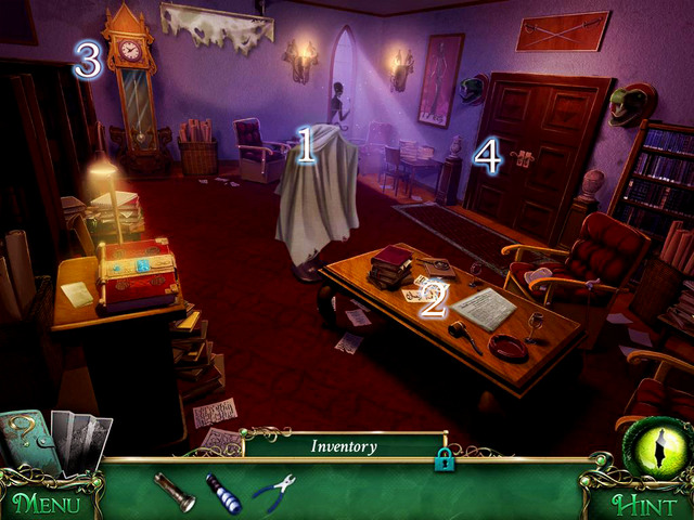 Take material off [1], collect a newspaper from the table [2] and approach the clock [3] - Library - Main storyline - 9 Clues: The Secret of Serpent Creek - Game Guide and Walkthrough
