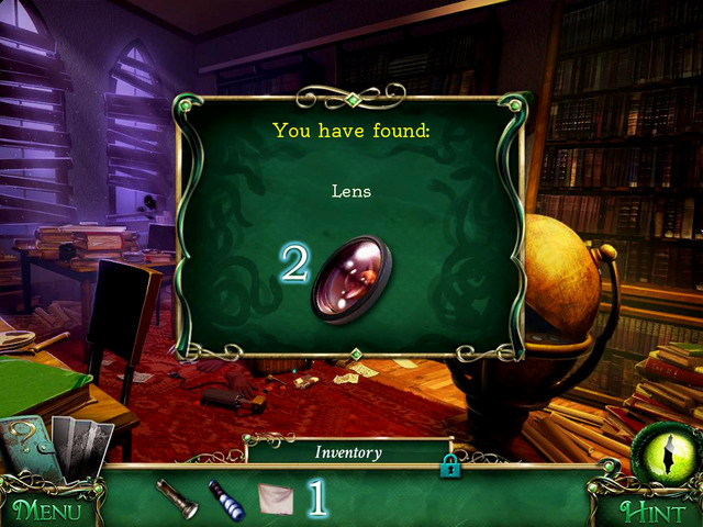 Take a Screen out of the globe[1] and after a scene with hidden object, you get also Lens [2] - Library - Main storyline - 9 Clues: The Secret of Serpent Creek - Game Guide and Walkthrough