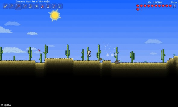 My character travelling through a desert, in Terraria. 