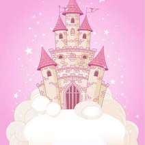 Cartoon castle with pink towers and pink background