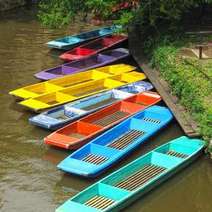 Colourful boats anchored on a bank