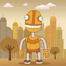 Cartoon robot smiling with skyscrapers behind