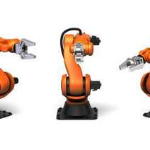Three orange mechanical arms