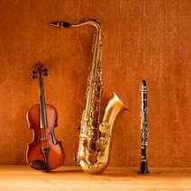  Music instruments, violin, saxophone and clarinet