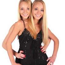  Two blonde young women standing behind each other looking alike