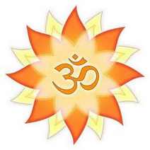 Drawing of orange and yellow sun with Om symbol