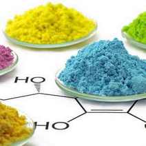  Dishes full of coloured powder with chemical schemes