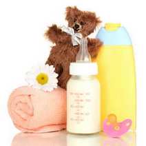 Baby bottle, teddy, dummy and towel 