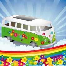 Cartoon bus with flowers and a rainbow