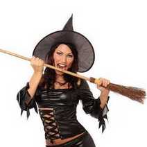 A witch biting a broom