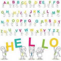 Cartoon people carrying alphabet letters 'HELLO'