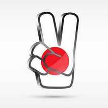  Cartoon white hand showing Peace with a small red ball