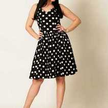 A woman wearing a spotty dress