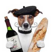 A dog holding a baguette and a bottle of red wine