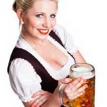 A woman holding a big beer