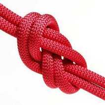  A loop on a red rope used for rock climbing