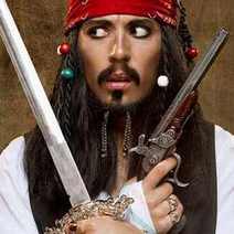 Captain Jack Sparrow from Pirates of the Caribbean holding a pistol and a sword