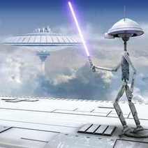 An alien holding a luminous sword with UFO behind