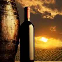 wodden wine barrel, wine bottle and beautiful sunset over vineyards