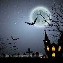 Cartoon of an old church next to a cementery with bats flying, emergen in moonlight