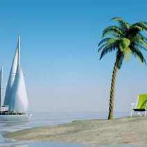 Palm tree on white beach looking at a sail boat