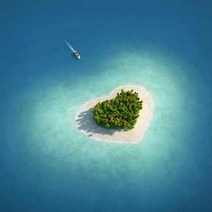 Aerial view of a heart shaped island surrounded by turquoise water