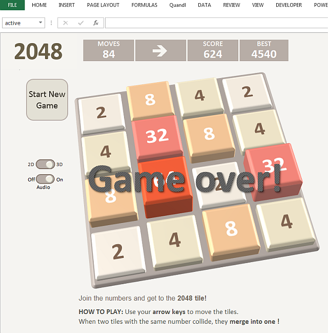 2048 Microsoft Excel Game