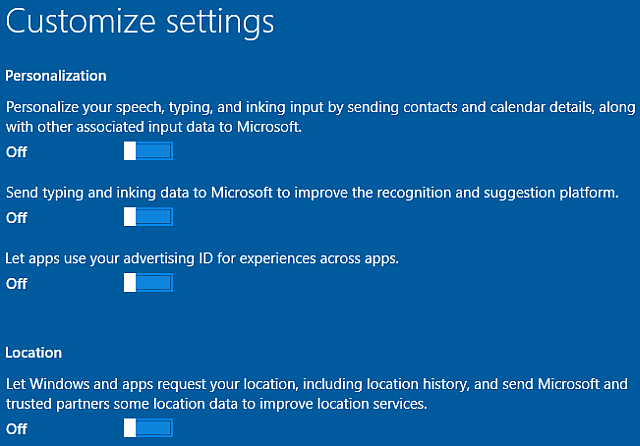 Windows 10 customize install personalization and location settings